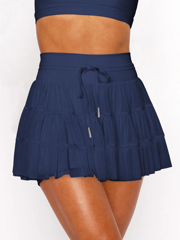 Wish Fashion Lace-Tied Pleated Safety Skirt: Summer Anti-Exposure Mesh Overlay