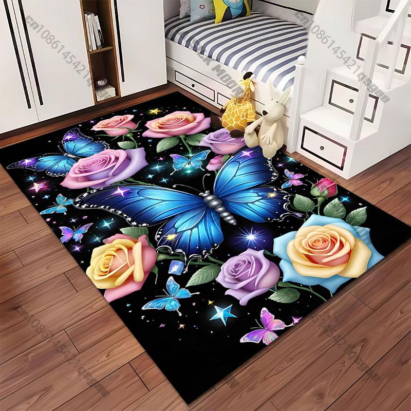 Butterflies Roses Stars Night Carpet Yoga Living Room Room Decor Children's Crawling Mat Doormat Area Rug Games Mat