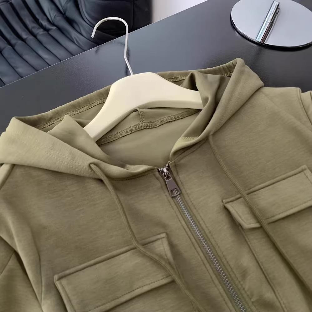 Hooded Shoulder Short Sleeve T-Shirt Women's Summer Large Size Slim Skinny Chic Belly Cover Zipper Sweater Jacket Trendy Fitted Hooded Zip-up Top