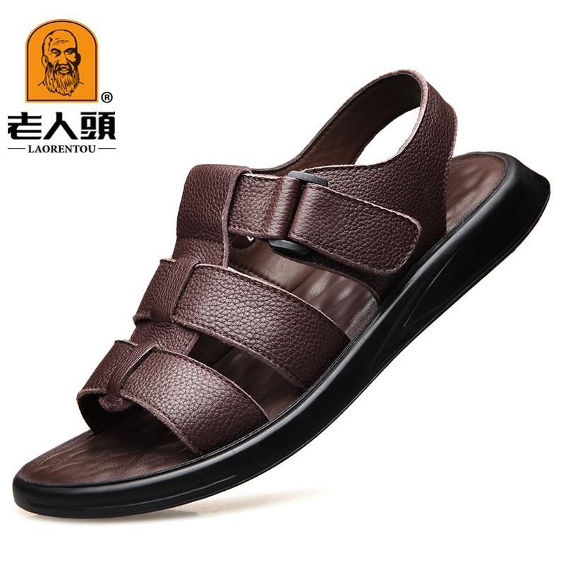 

Мужские дышащие повседневные сандалии из первого слоя коровьей кожи, простые сандалии для папы двойного назначения, черные 44 коричневый