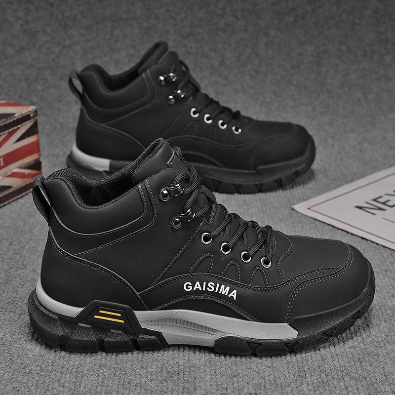 

High Top Men s Shoes 2025 Wear-resistant Thick Sole Anti Slip Hiking Work Boots Outdoor Trendy 42 чёрный