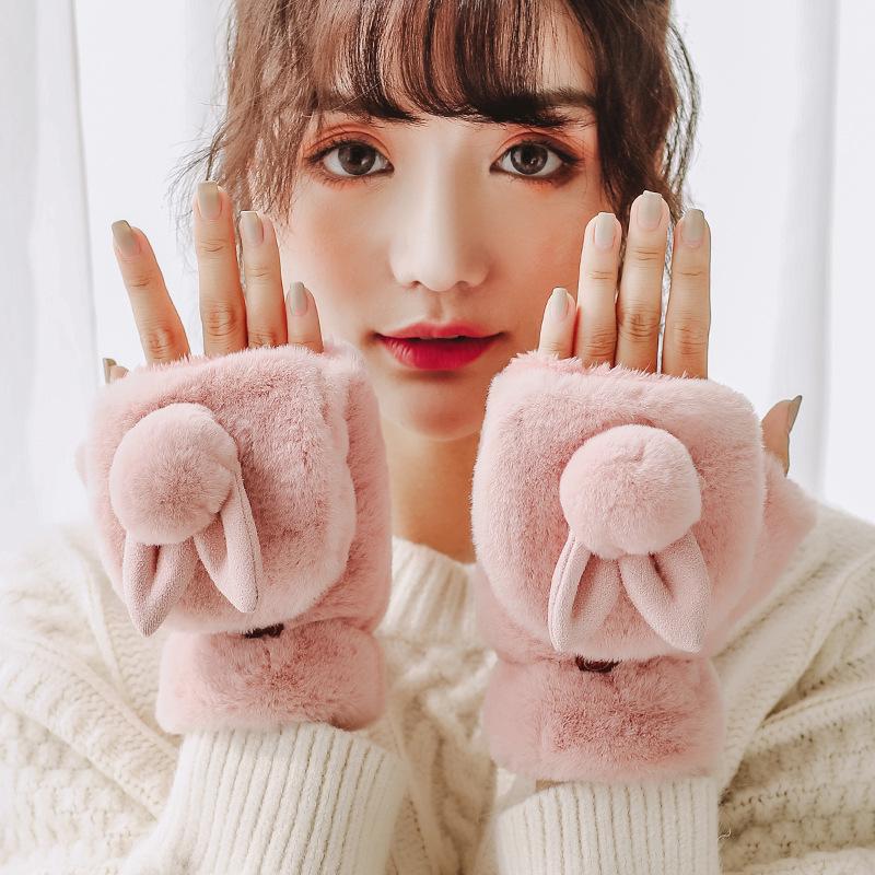 Женские зимние плюшевые перчатки с оленьими рогами, полупальцевые - Теплые, милые, морозостойкие для езды на велосипеде One Size