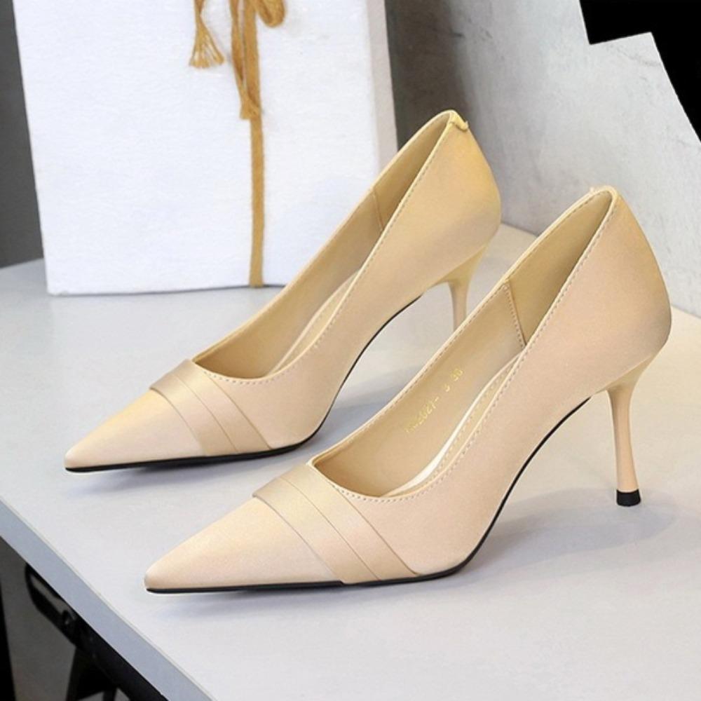 Fashion Women Heels European American Style Sexy Fashion Pointed Head Shallow Mouth High Heels Temperament Banquet Satin Stiletto Shoes