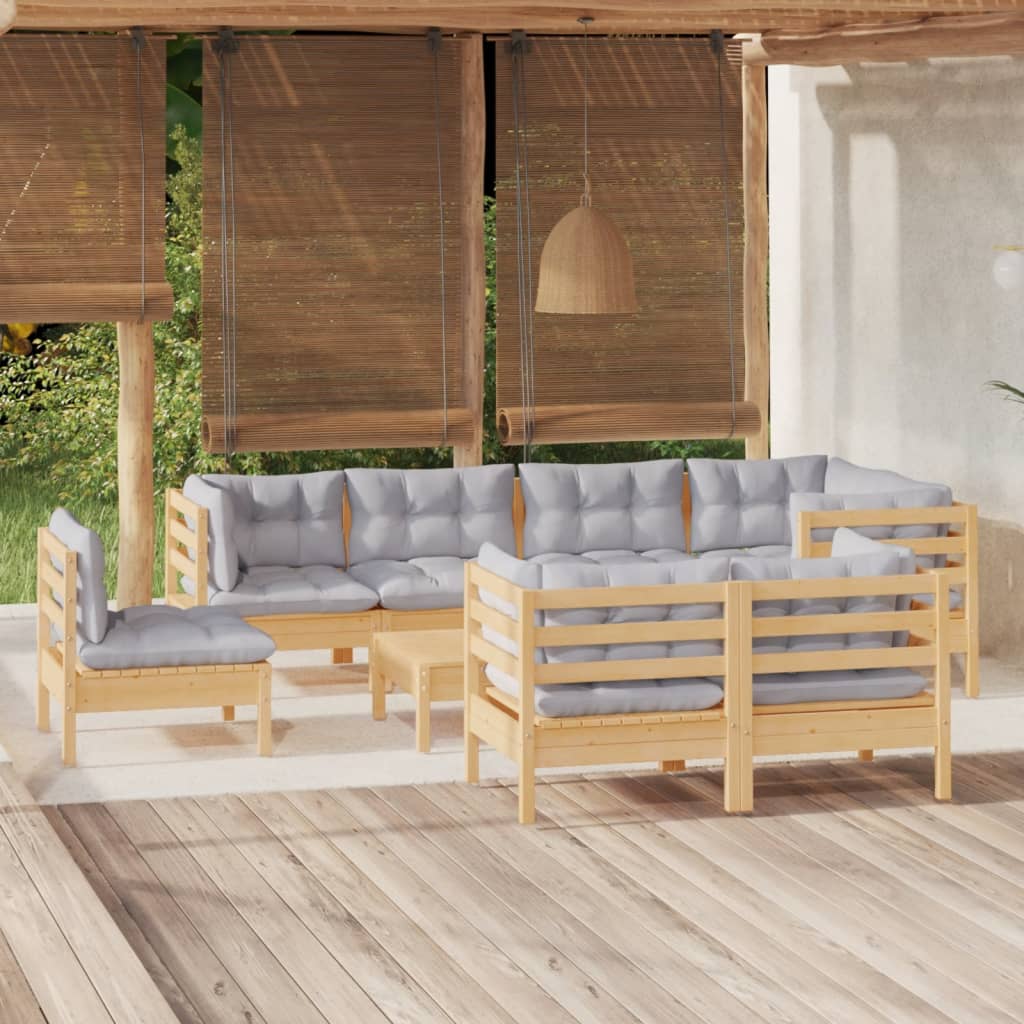 Vidaxl 9-Cz. Garden Lounge Set, Grey Cushions, Pine