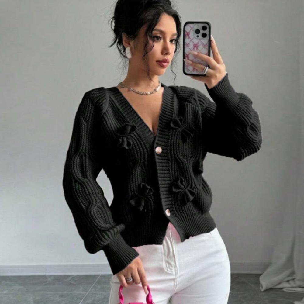 Women's V‑Neck Long Sleeve Knit Cardigan Loose Fit Commuter Style 3D Bow Decor Sweater