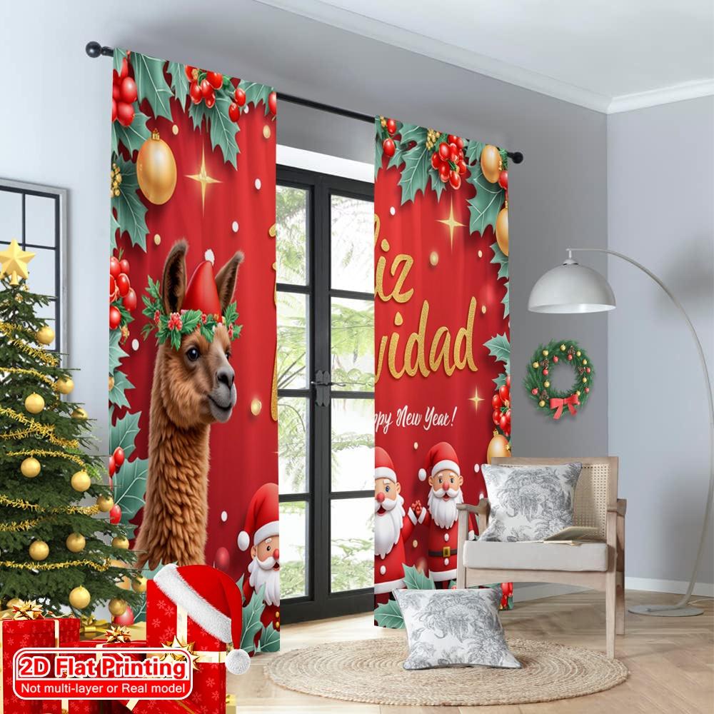 2pcs 2D Flat Printing Merry Christmas Scene Curtains Merry Christmas Llama Santa 100% Polyester Without Electricity Festive