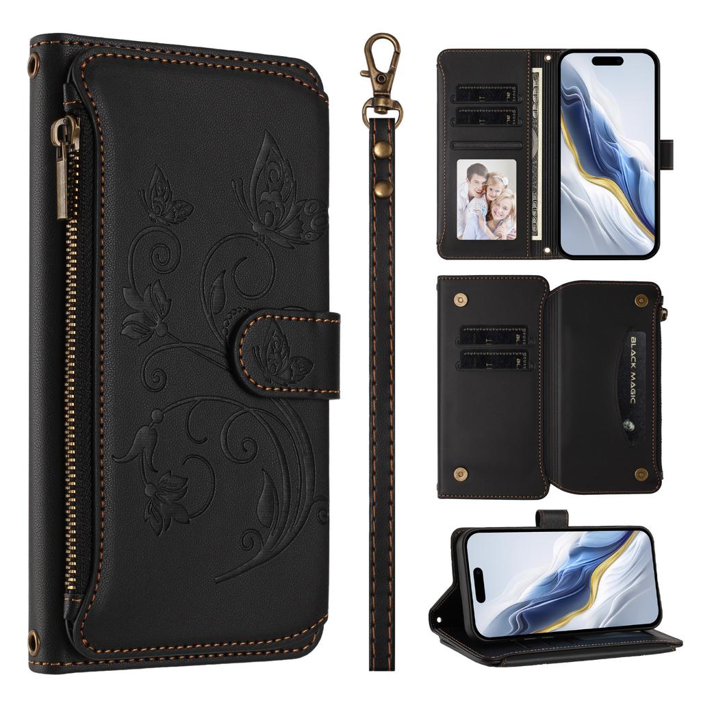 For iPhone 16 Pro Max Leather Case Butterfly Floral Imprint Zipper Wallet Stand Cover with Wrist Strap