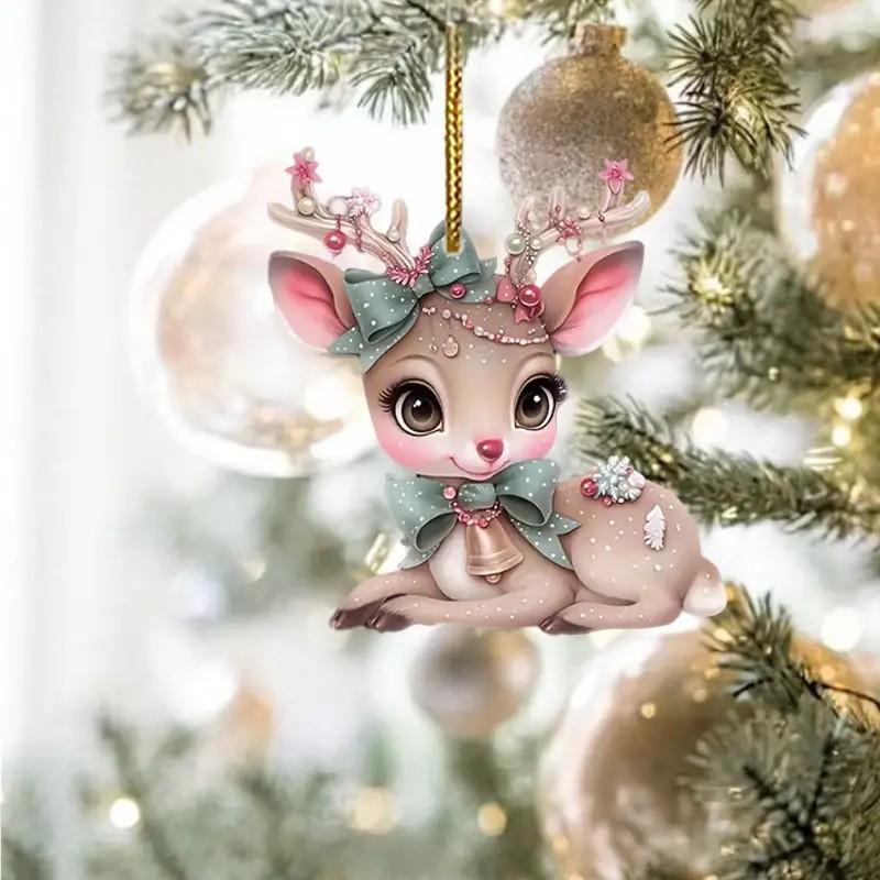 Car Christmas Acrylic Pendant With Butterfly Knot Bell Print Deer For Decor