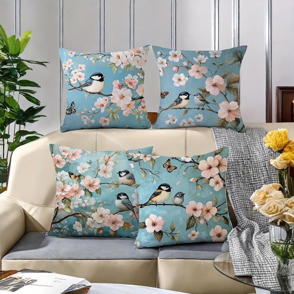 Tinika Chen Unisex Spring Elements, Birds, Flowers, Branches Pattern Pillowcasebedroom Sofa Decorative Cushion Cover With Zipper Soft Cushion Cover