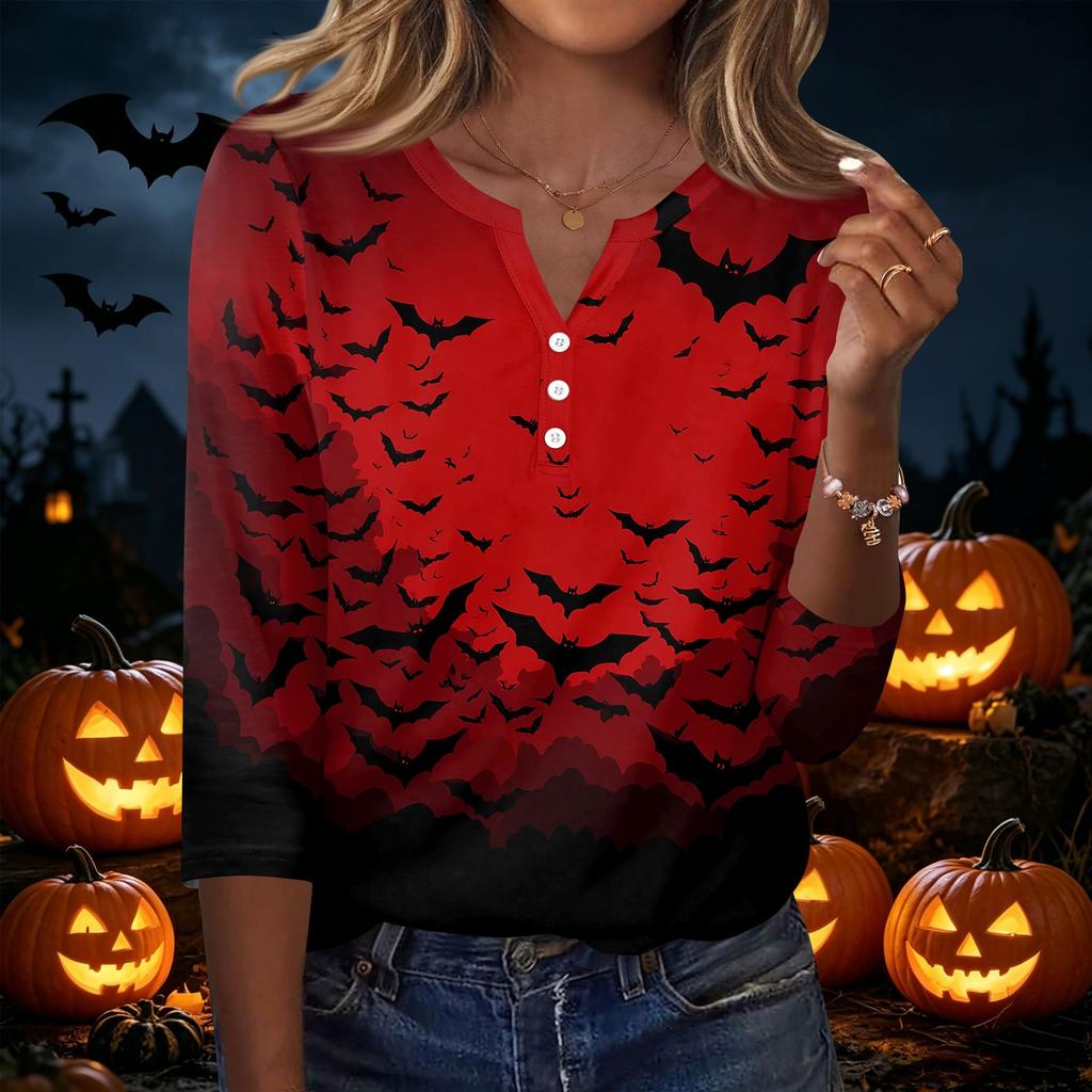 Women Casual Halloween Print V Neck Button Detail Three Quarter Sleeve T Shirt Top Suitable for Seasonal Wear and Everyday Use
