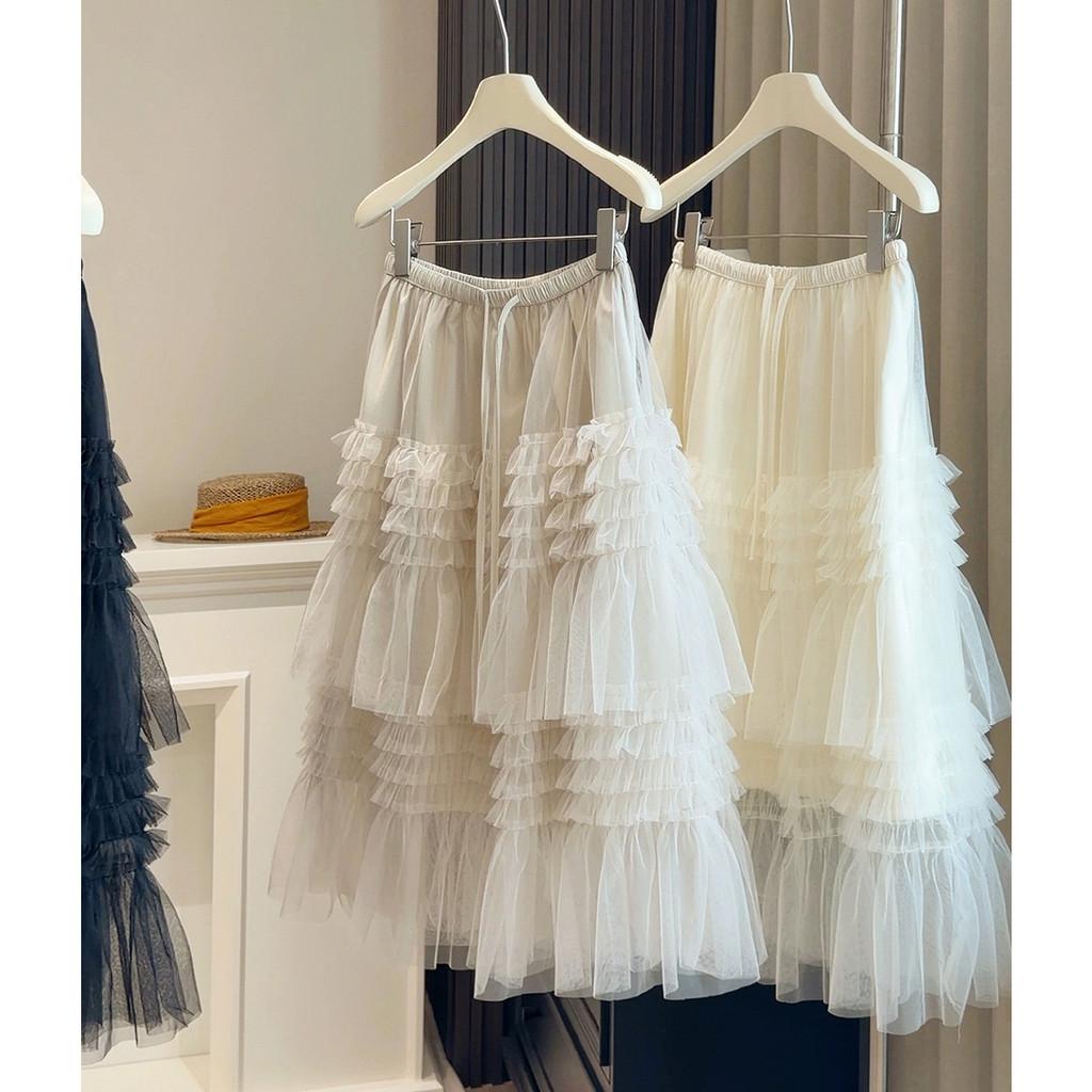 Qooth French Lace Tulle Midi Skirt Tiered Cake A-Line Skirt QT2849