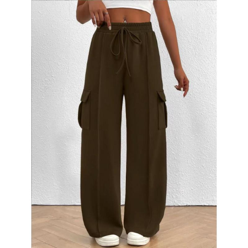 Womens Wide Leg Casual Pants Winter Mid-Rise Loose Fit Joggers With Drawstring Waist Comfortable Everyday Trousers