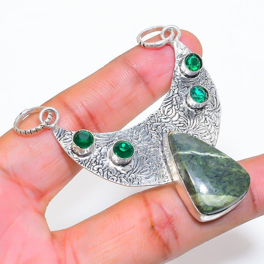 Natural Banded Green Opal, Diopside 925 Sterling Silver Pendant 2.48" ZS-195