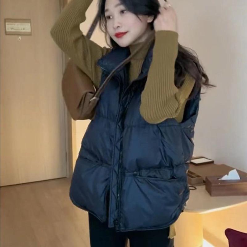 Short stand-up collar down cotton vest women's thickened vest jacket bread jacket vest black