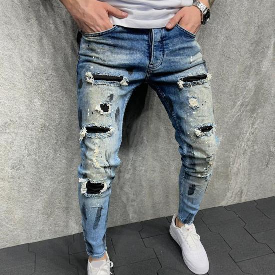 Men Jeans Ripped Whitewashed Multi Pockets Bottoms Skinny Washable Denim Pants Streetwear