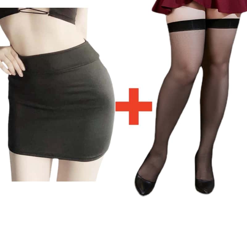 2PCS/SET Women High Waist Pencil Mini Skirts+Stockings Dress Set,Sexy Casual Wrap Hips Black Short Skirt and Pantyhose