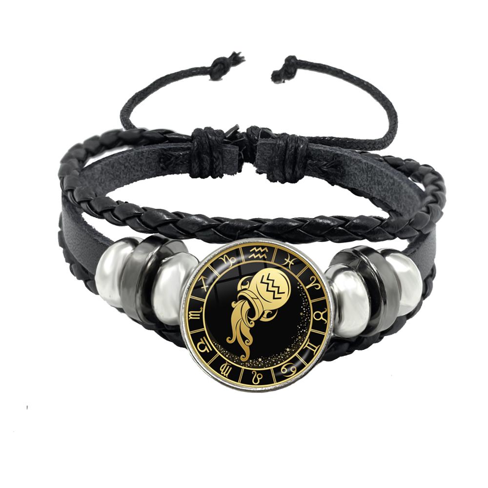 

1/12 Constellation Bracelet Scorpio Sagittarius Capricorn Aquarius Black Rope Leather Button Zodiac Jewelry Gift