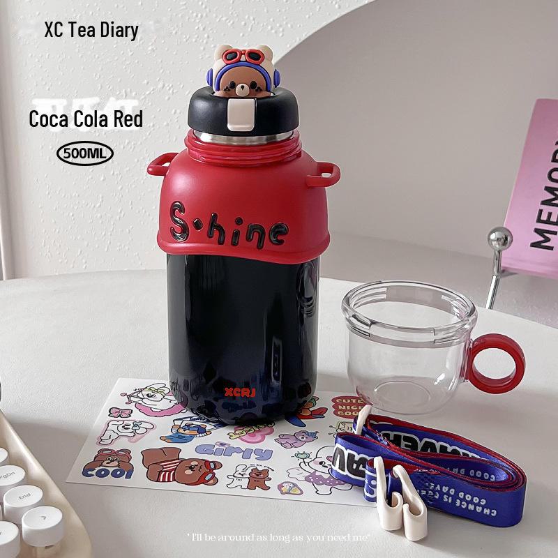 Compact Cartoon Kids' Stainless Steel Straw Thermos - Dual-Drink Design for Tea or Water