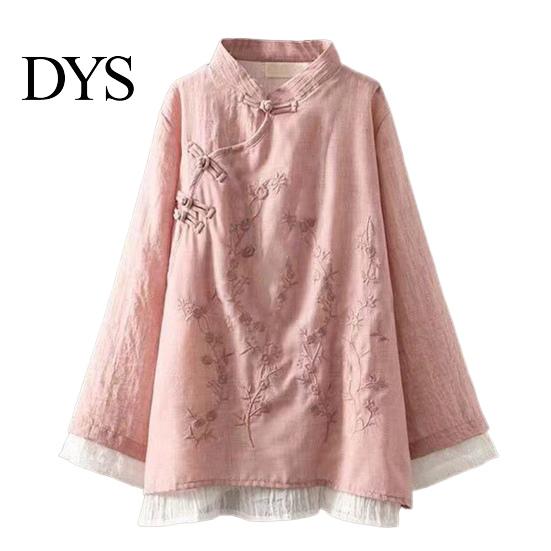 Lady Fall Spring Top Women Retro Chinese Style Embroidered Flower Pattern Knot Button Solid Color Keep Warm Loose Stand Collar Plus Size Vintage