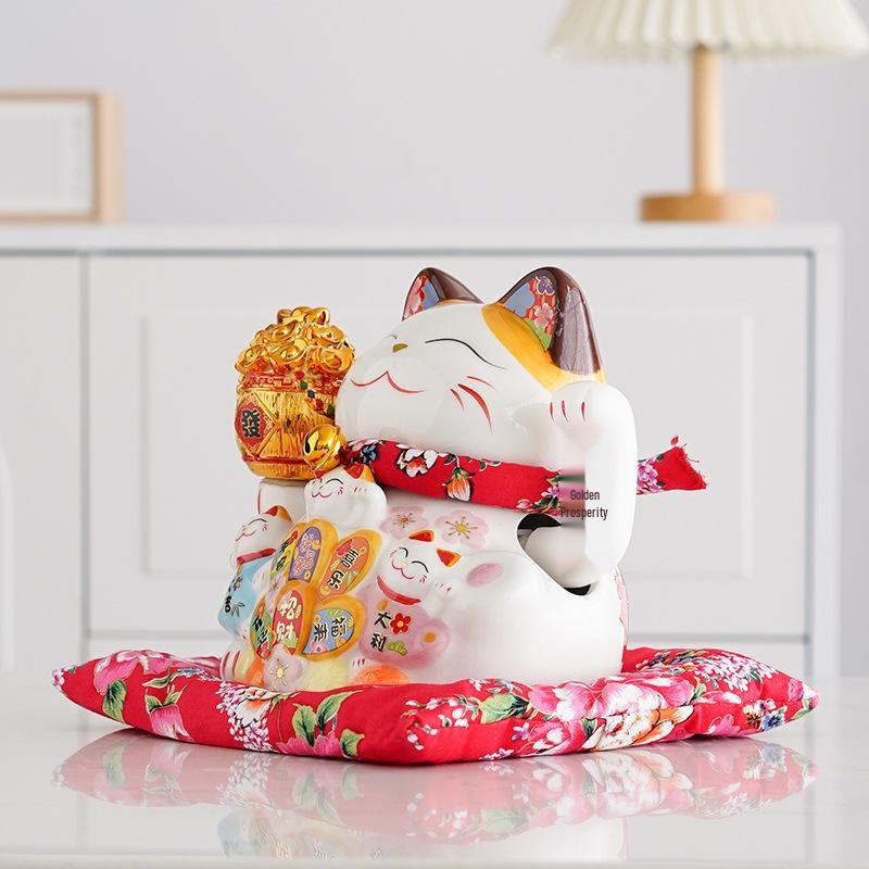 Electric Waving Lucky Cat Ceramic Ornament for Home, Living Room, Shop, or Cashier Desk.
