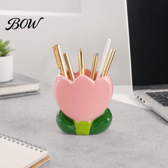 Office Desk Accessories for Women Tulip Makeup Brush Holder, Resin Cosmetic Organizer Vanity Desk, Cute Flower Pen Floral Stationery Cup