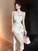 Daily young color off-the-shoulder improved cheongsam Chinese national style slim-fitting split-ends and thin hip-wrapped long dress