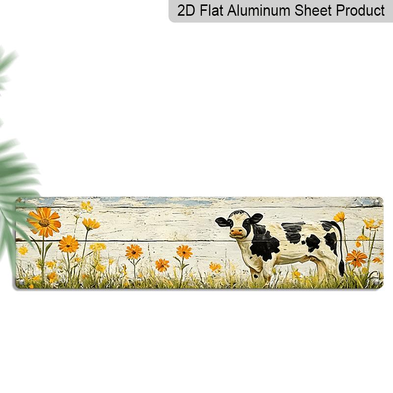 

2D Flat, 1pc, 3.94 X 15.74 Inches Aluminum Decorative Sign - Rustic Farmhouse Cow & Wildflowers Metal Wall Art - Aluminum Cow Print Sign for Bedroom 40cm x 10cm