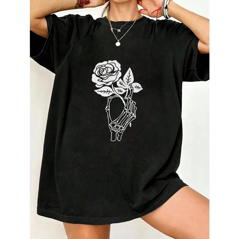 Black Oversized T Shirt With Skeleton Hand Holding Rose Print For Casual Wear And Street Style
