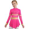 Girls One Piece Cheerleader Costume Long Sleeve Mesh Patchwork Shiny Diamonds Cheerleading Bodysuit