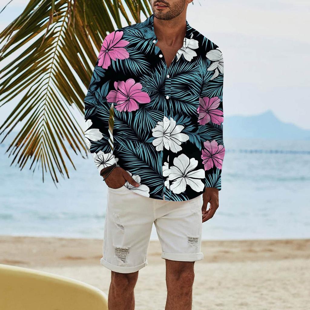 Men's Fashion Long Sleeve Printed Casual T Shirt Button Regular Fit Shirt Top