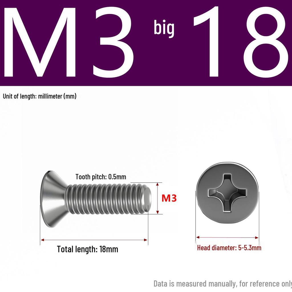201 Stainless Steel Countersunk Phillips Head Screw: Flat Head Bolt M2-M8