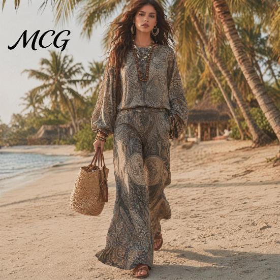 Apple Shape Clothing Women Boho Print 2 Piece Sets for Women, Casual Long Sleeve Top Daily Wear Wide Leg Pants Matching Sets, Summer Loose Travel