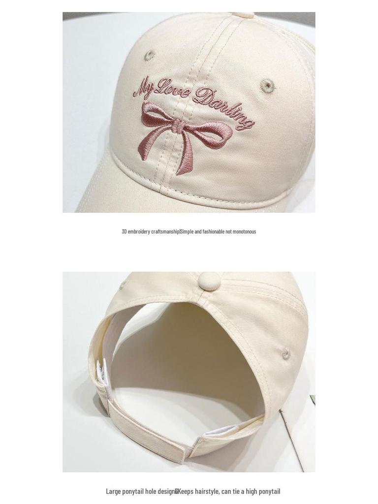Spring/Summer Bow Embroidery Open-Top Hat: Women's Cute Ponytail Baseball Cap Fashion