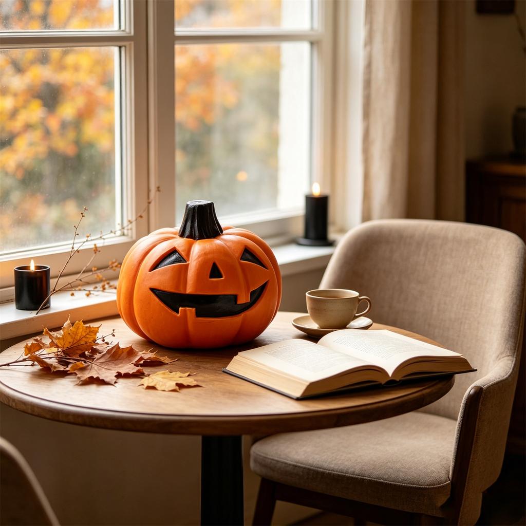 Halloween Pumpkin Decoration with Face, Funny Figurine for Shelf, Table and Party Display