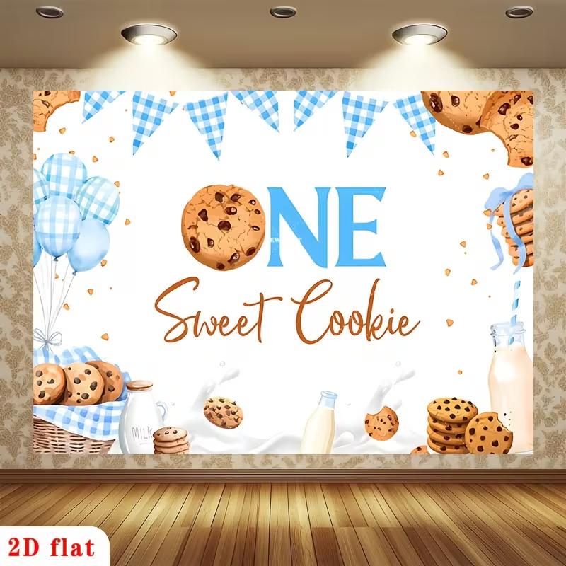 

2D One Sweet Cookie Backdrop, Blue Plaid & Cookies for First Birthday Photoshoot 47.2x31.5inch/120*80cm