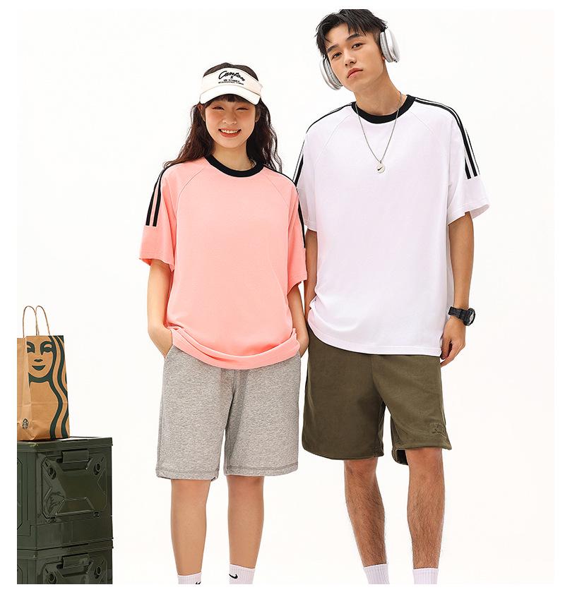 Unisex Solid Color Heavy Duty Combed Cotton T-Shirt, American Sports Style, Short-Sleeve with Three-Bar Ribbon, Summer Attire