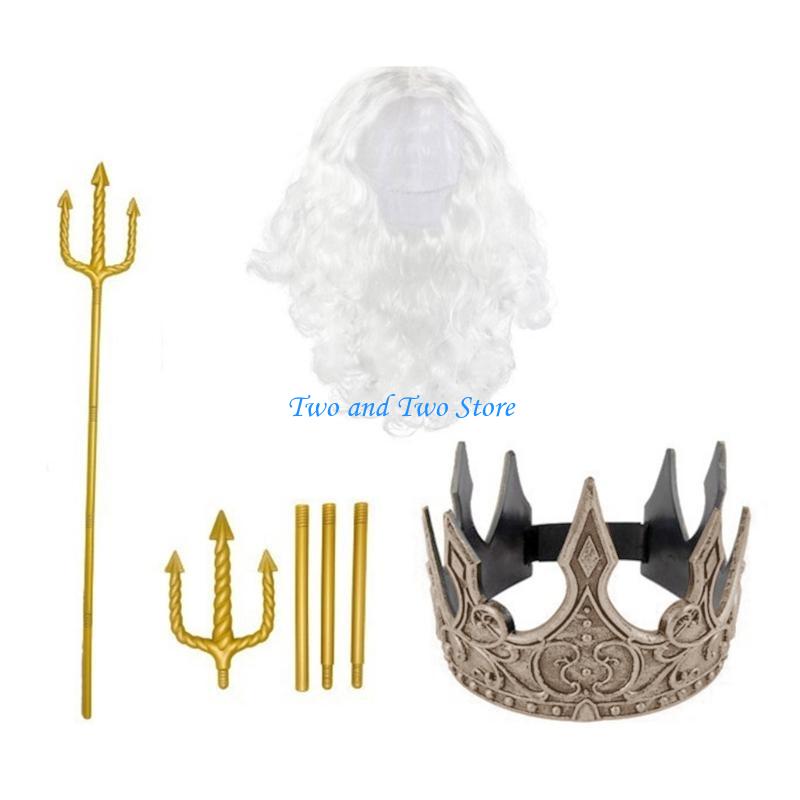 HX6F Nobleman Role Playing Set Hairpiece Beard Chaplet Mediaeval Royal Costume