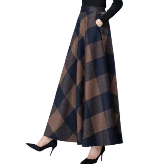 Woolen Skirt Elastic High Waist Large Hem Maxi Skirt with Pockets Plaid Pattern A-Line Autumn Winter Skirt Daily Wear