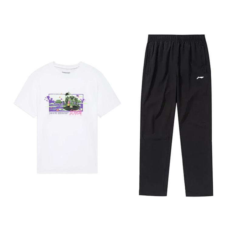 

Футболка с коротким рукавом серии Li Ning Sports Lifestyle, быстросохнущие длинные брюки, повседневный спортивный костюм, унисекс комплекты AHSUB33-2+AYKU703-1 M
