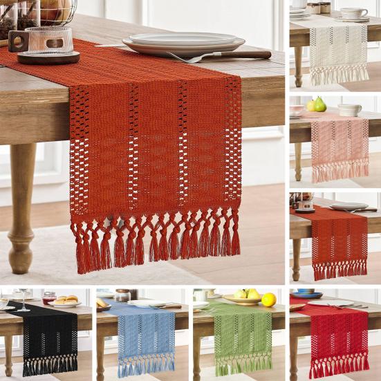Boho Knitted Table Runner Handmade Rustic Table Runner with Tassels Cotton Linen Farmhouse Table Runner for Dining Table Sideboard Dresser Decor