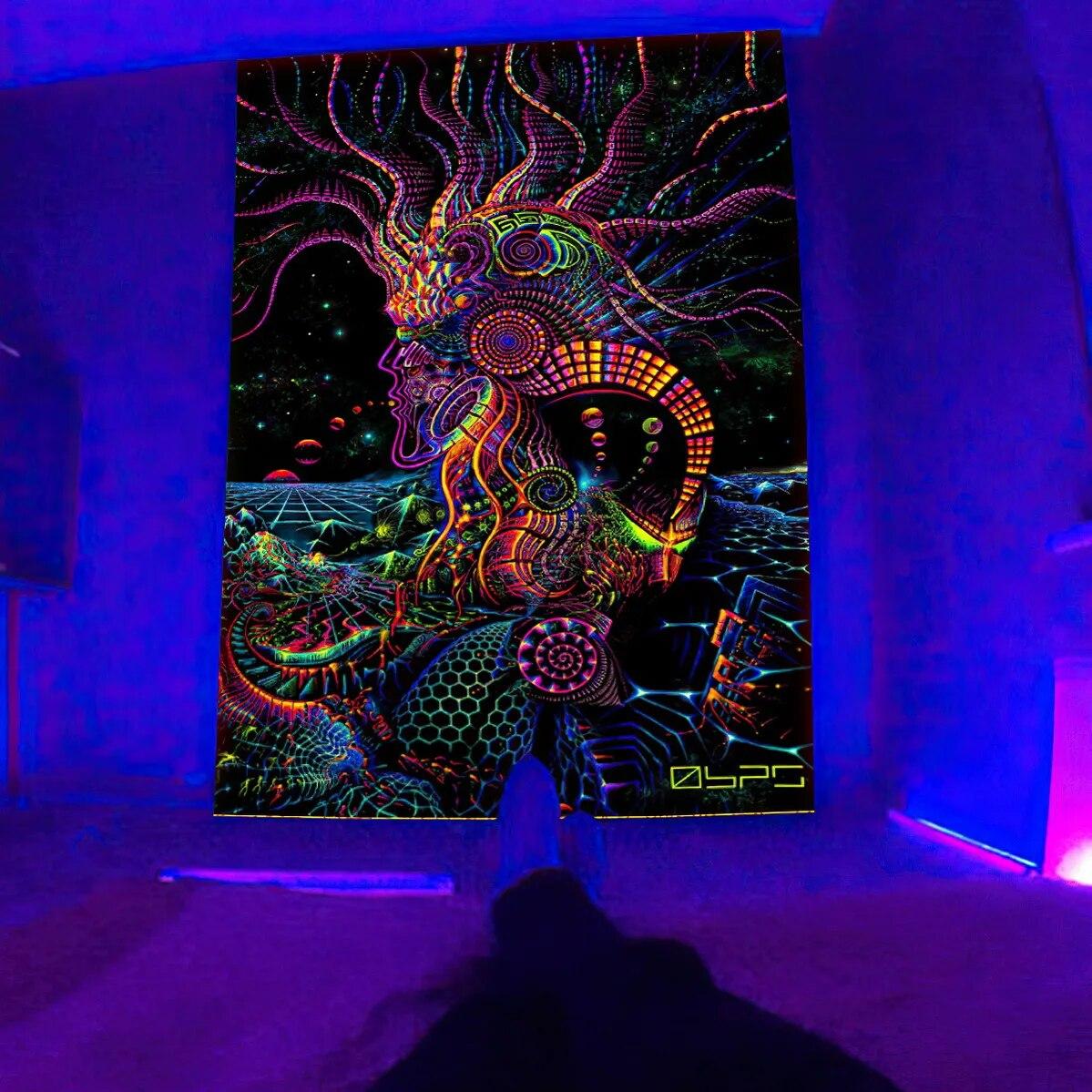 

Черный свет гобелен УФ-реактивный психоделический настенный хиппи для спальни в общежитии индивидуальное украшение комнаты 230x150cm