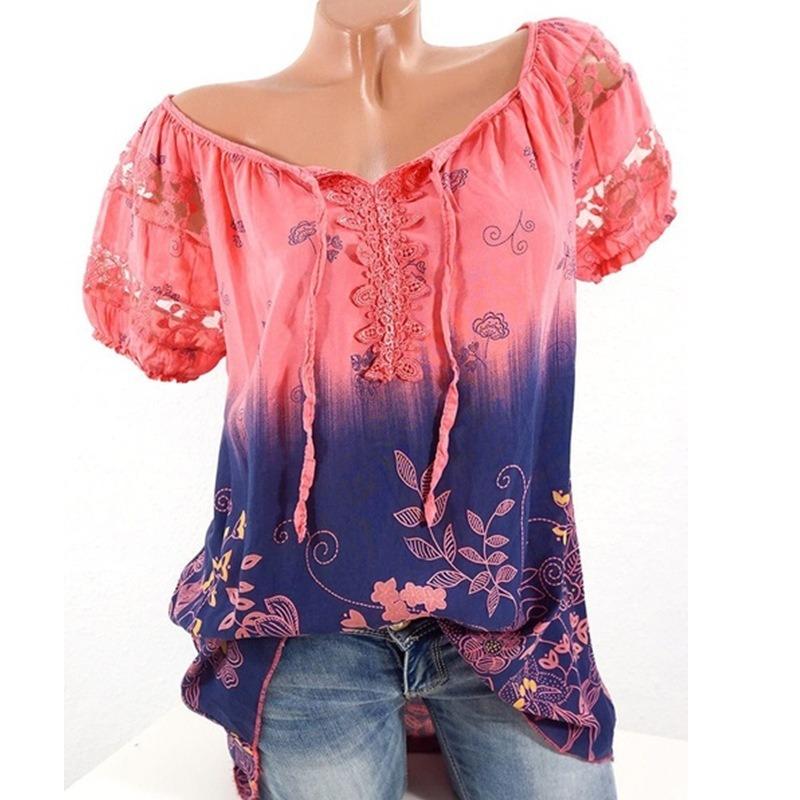 Ladies Summer Tops V-Neck Printed Lace Lace Short Sleeve T-Shirt