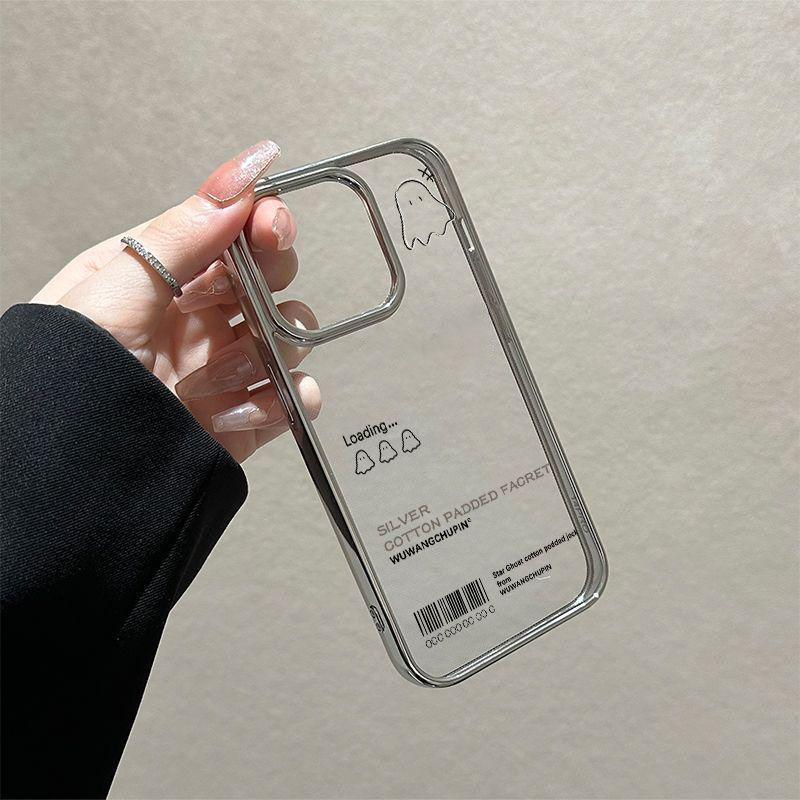 English Little Ghost Electroplated Transparent Phone Case for iPhone 13, 14 New Pro, 15, and 16 Max