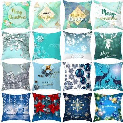 2022 Happy New Year Home Party Decor Cushion Cover Christmas Blue Snowflake Cartoon Printed Pillow Cover Xmas Pillowcase 45x45cm