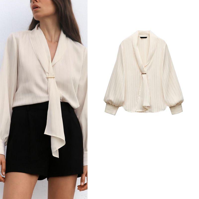 Spring New Arrival Women's Clothing K-style Slim Looking Metal Color Line Stripes Lapel Long Sleeves Casual Shirt 7969227