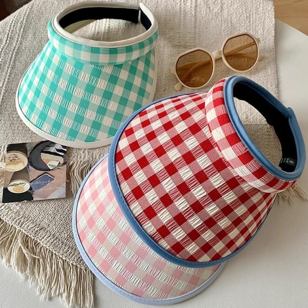 Hair Hoop Style Large Brim Sun Hat Plaid Print Sun Protection Hats Summer Empty Top Cap Travel