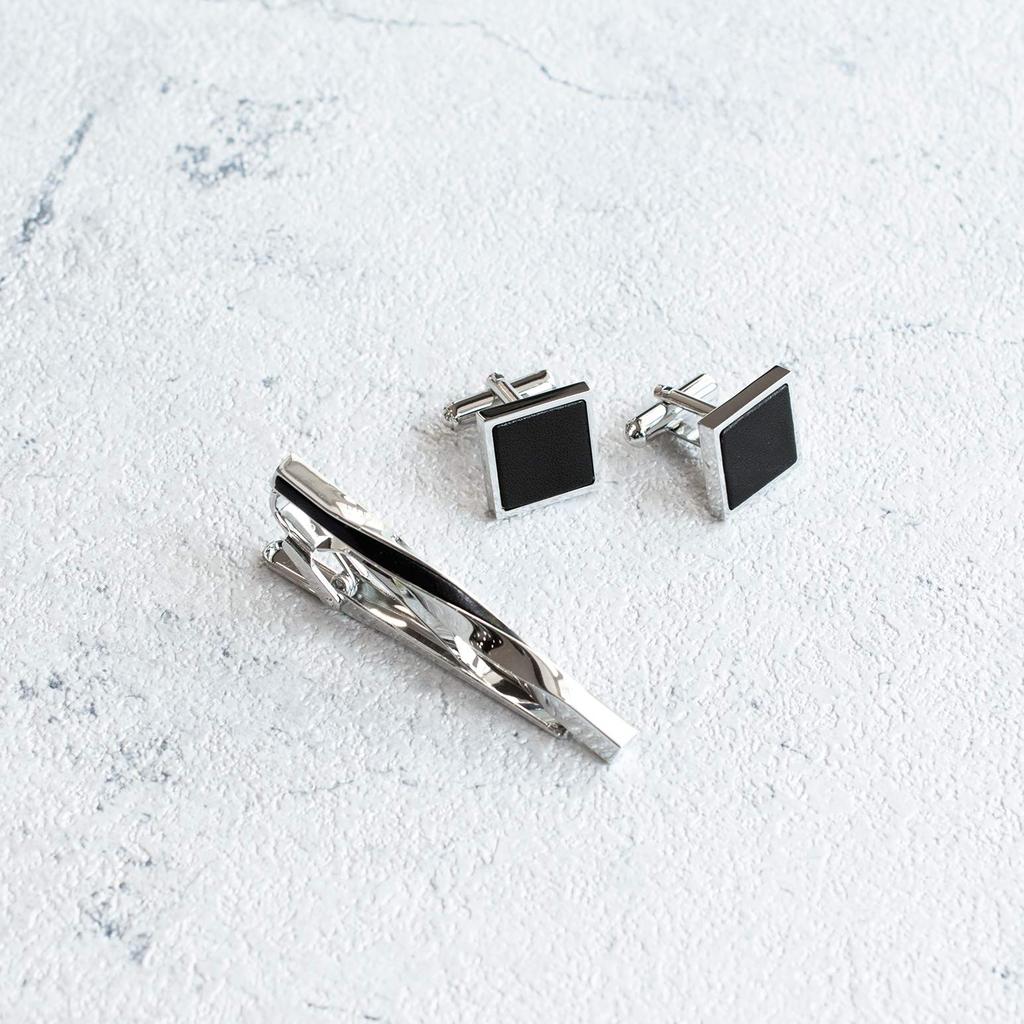 Tabarat Twisted Tie Clip and Cufflink Genuine Leather and Made in Blue Men's Set, Brass, Japan, (Light Gold)