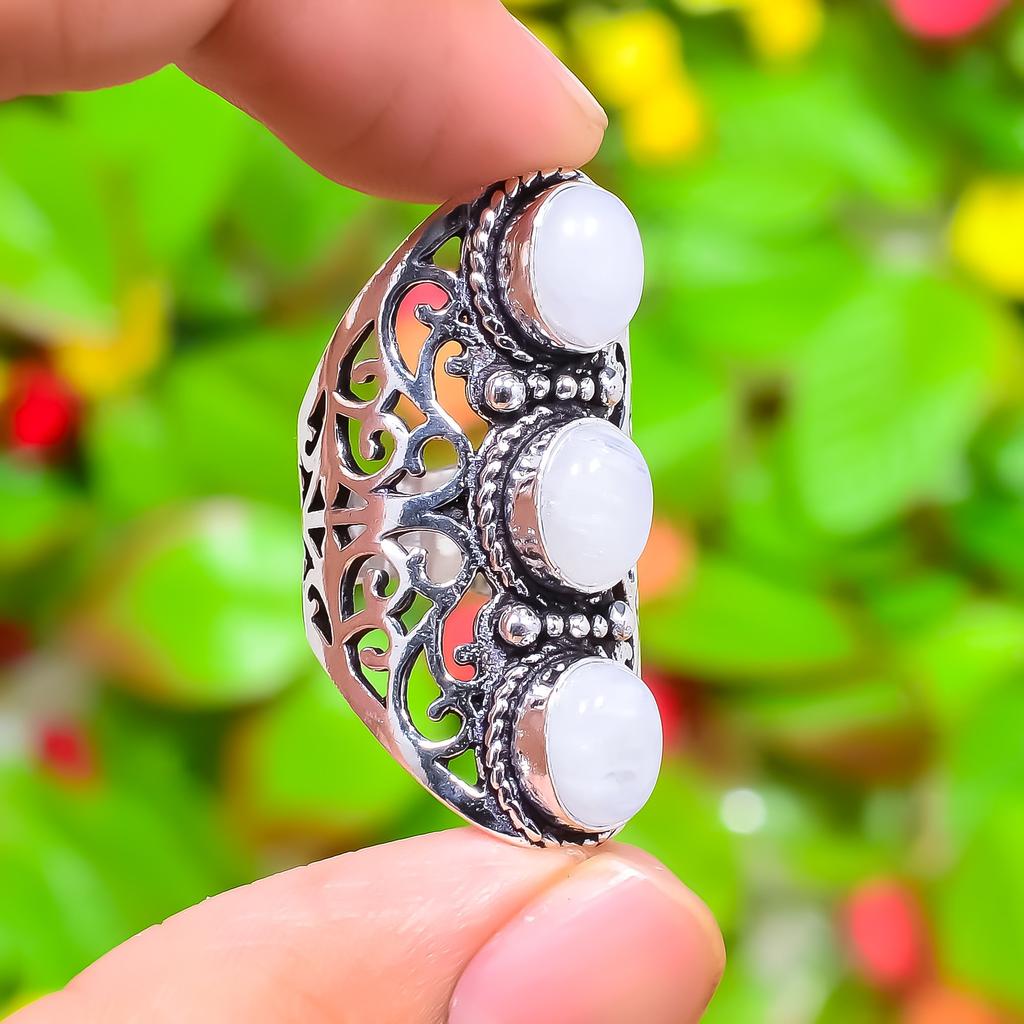 Naturalny kamień księżycowy tęczowy Pierścionek ze srebra próby 925 Rozmiar 6.5 S1s52