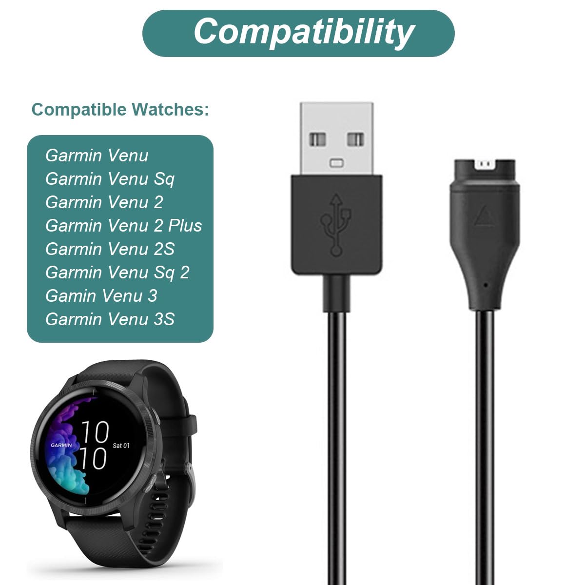 Kissmart Charger for Garmin Venu/Venu Sq/Venu 2/Venu 2 Plus/Venu 2S/Venu Sq 2/Venu 3/Venu 3S, Replacement Charging Cable Cord Plus a Black Silicone