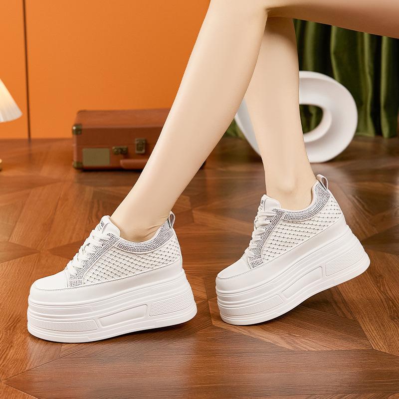 Platform White Shoes Women's Spring and Summer 2025 New Rhinestone Fashion Versatile Casual Shoes Small Inner Height Increase Women's Shoes
